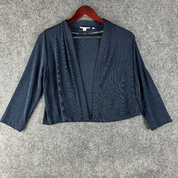 Chicos Cardigan Womens Small Navy Blue Stretch Knit Open Crop Short - Picture 1 of 7